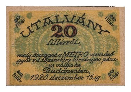 Аверс банкноты 20 wypełniaczy Metro Vízmérőgyár Rt.; Budapeszt (Węgry) 1920