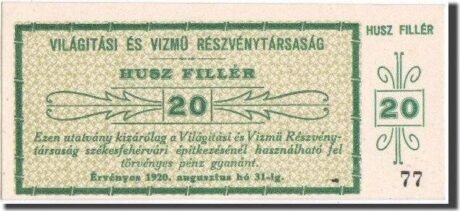 Аверс банкноты 20 wypełniaczy Világítási és Vízmű Rt.; Székesfehérvár (Węgry) 1920