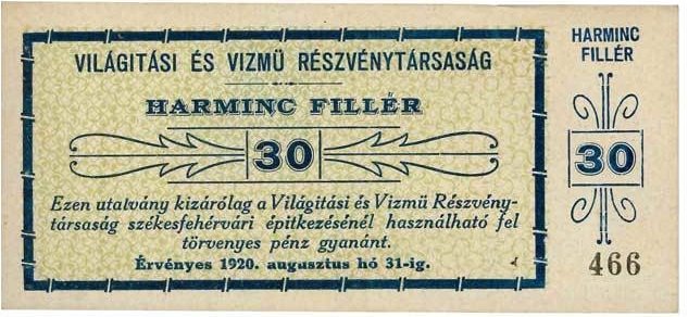 Аверс банкноты 30 филлеров Világítási és Vízmű Rt.; Székesfehérvár (Венгрия) 1920 года