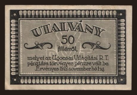 Аверс банкноты 50 wypełniaczy Ugocsai Világítási Rt.; Nagyszőllős (Węgry) 1919