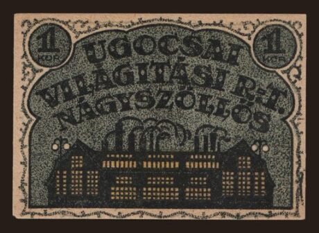 Реверс банкноты 1 крон Ugocsai Világítási Rt.; Nagyszőllős (Венгрия) 1919 года
