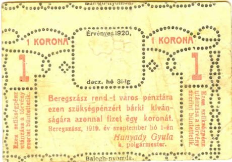 Аверс банкноты 1 korona Beregszász (Węgry) 1919