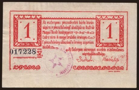 Реверс банкноты 1 korona Esztergom (Węgry) 1919