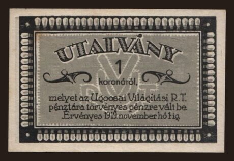 Аверс банкноты 1 CZK Ugocsai Világítási Rt.; Nagyszőllős (Węgry) 1919