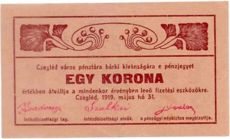 Awers banknotu 1 korona Cegléd (Węgry) 1919