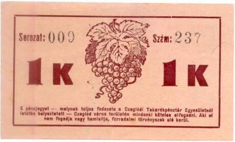 Rewers banknotu 1 korona Cegléd (Węgry) 1919