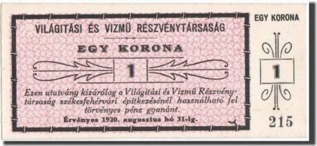 Аверс банкноты 1 CZK Világítási és Vízmű Rt.; Székesfehérvár (Węgry) 1920
