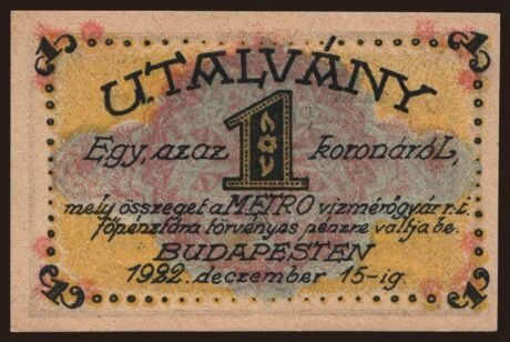 Аверс банкноты 1 CZK Metro Vízmérőgyár Rt.; Budapeszt (Węgry) 1922
