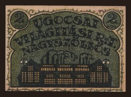 Реверс банкноты 2 крон Ugocsai Világítási Rt.; Nagyszőllős (Венгрия) 1919 года
