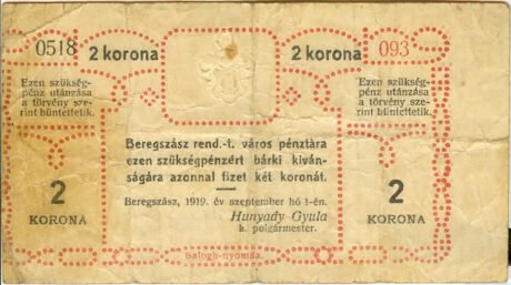 Аверс банкноты 2 korony Beregszász (Węgry) 1919