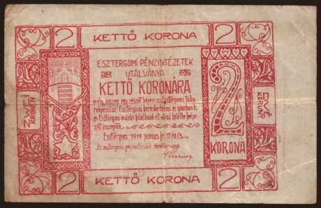 Аверс банкноты 2 korony Esztergom (Węgry) 1919