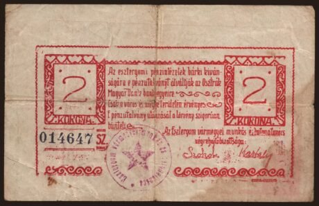 Реверс банкноты 2 korony Esztergom (Węgry) 1919