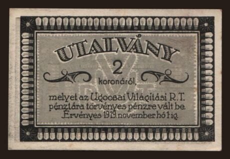 Аверс банкноты 2 korony Ugocsai Világítási Rt.; Nagyszőllős (Węgry) 1919