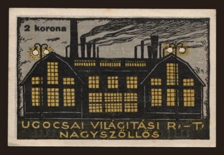 Реверс банкноты 2 korony Ugocsai Világítási Rt.; Nagyszőllős (Węgry) 1919
