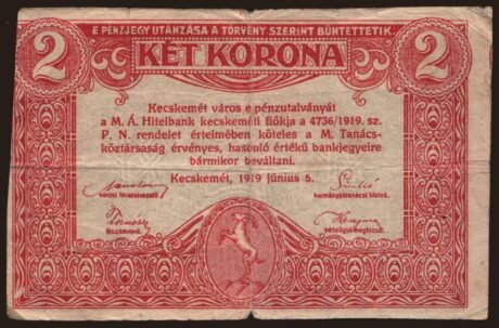 Аверс банкноты 2 korony Kecskemét (Węgry) 1919