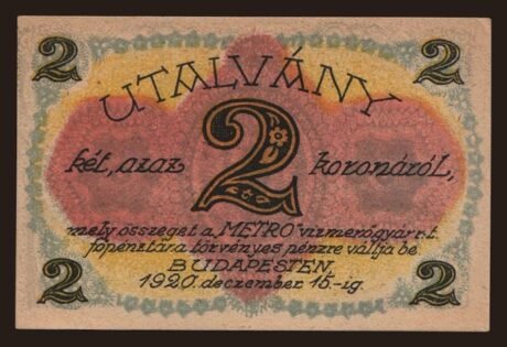 Аверс банкноты 2 CZK Metro Vízmérőgyár Rt.; Budapeszt (Węgry) 1920