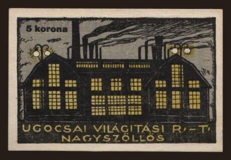 Реверс банкноты 5 CZK Ugocsai Világítási Rt.; Nagyszőllős (Węgry) 1919