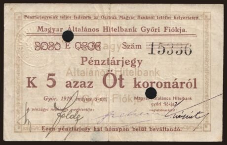 Аверс банкноты 5 koron Győr (Węgry) 1919
