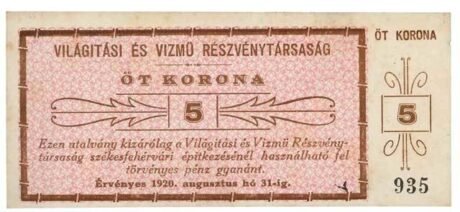 Аверс банкноты 5 CZK Világítási és Vízmű Rt.; Székesfehérvár (Węgry) 1920
