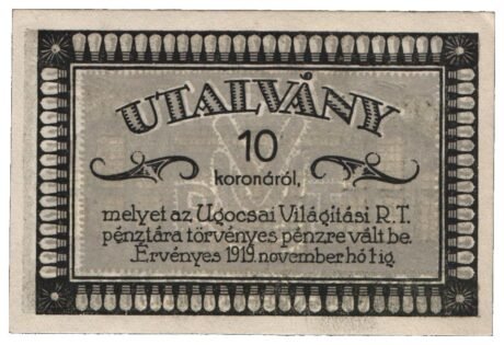 Аверс банкноты 10 CZK Ugocsai Világítási Rt.; Nagyszőllős (Węgry) 1919