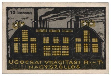 Реверс банкноты 10 CZK Ugocsai Világítási Rt.; Nagyszőllős (Węgry) 1919