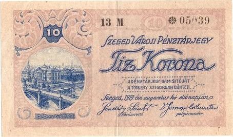 Аверс банкноты 10 koron Szeged (Węgry) 1919