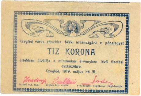 Аверс банкноты 10 крон Cegléd (Венгрия) 1919 года