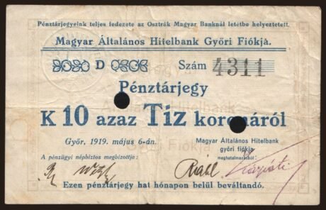 Аверс банкноты 10 koron Győr (Węgry) 1919