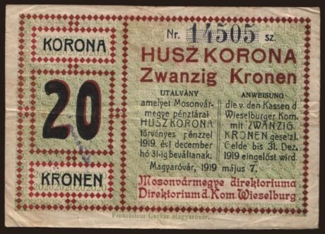 Аверс банкноты 20 koron Mosonvármegye (Węgry) 1919