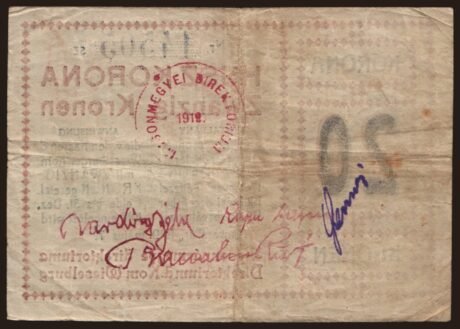 Реверс банкноты 20 koron Mosonvármegye (Węgry) 1919