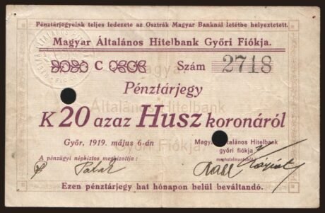 Аверс банкноты 20 koron Győr (Węgry) 1919
