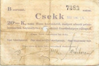 Аверс банкноты 20 koron Pápa (Węgry) 1919