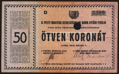 Аверс банкноты 50 koron Győr (Węgry) 1919
