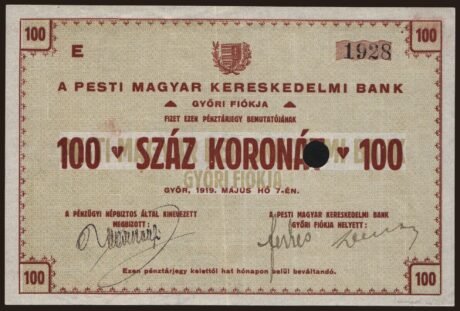 Аверс банкноты 100 koron Győr (Węgry) 1919
