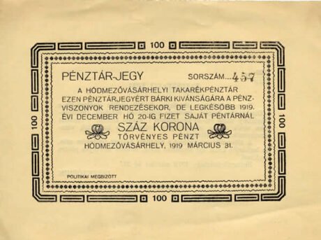 Аверс банкноты 100 koron Hódmezővásárhely (Węgry) 1919