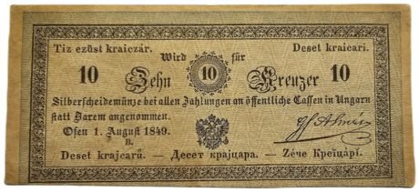 Аверс банкноты 10 kreuzerów Almásy bankó (Węgry) 1849