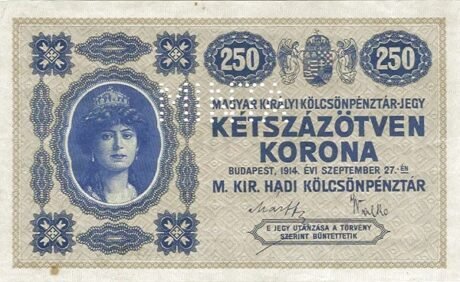 Аверс банкноты 250 koron „Księżniczka Zita” (Węgry) 1914