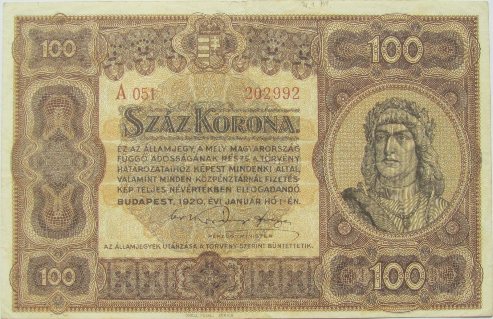 Аверс банкноты 100 крон (Венгрия) 1920 года