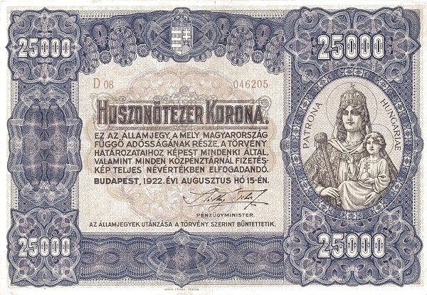 Аверс банкноты 25 000 крон (Венгрия) 1922 года