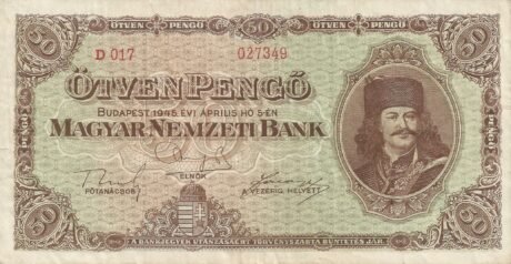 Аверс банкноты 50 Pengo (Węgry) 1945