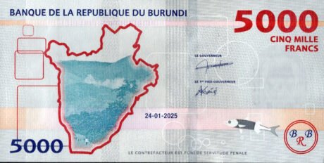 Новая подпись/дата (24.01.2025) банкноты Бурунди номиналом 5000 франков (B244b) подтверждена.